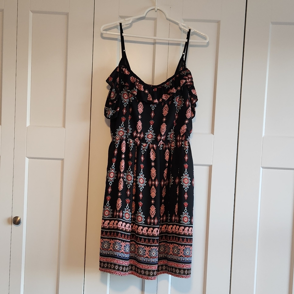 Xhilaration Black and Red Patterned Mini Dress With Shoulder Ruffles